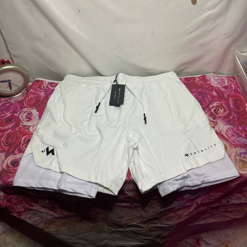Mens Mentality white/black double layered workout shorts
